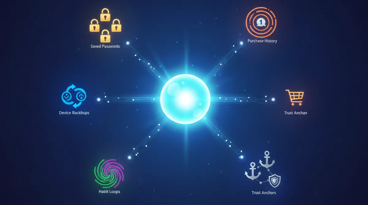 Digital illustration of a central user account radiating connections to saved passwords, device backups, purchase history, habit loops, and trust anchors as a retention moat 