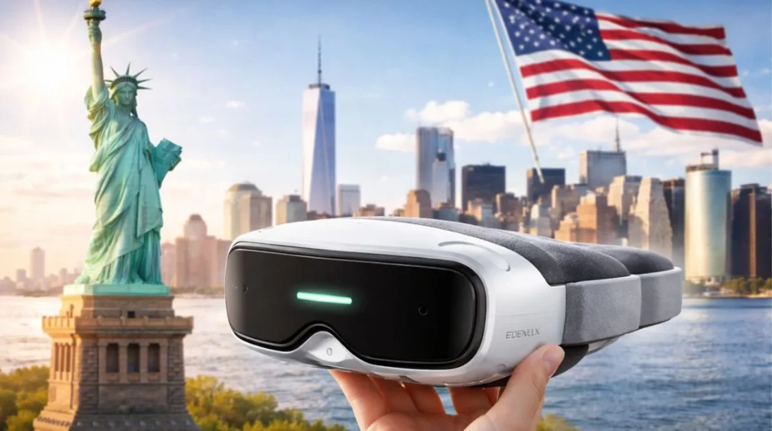 Hand holding a modern eye strain relief device with a U.S. city skyline in the background, representing Edenlux’s entry into the American market