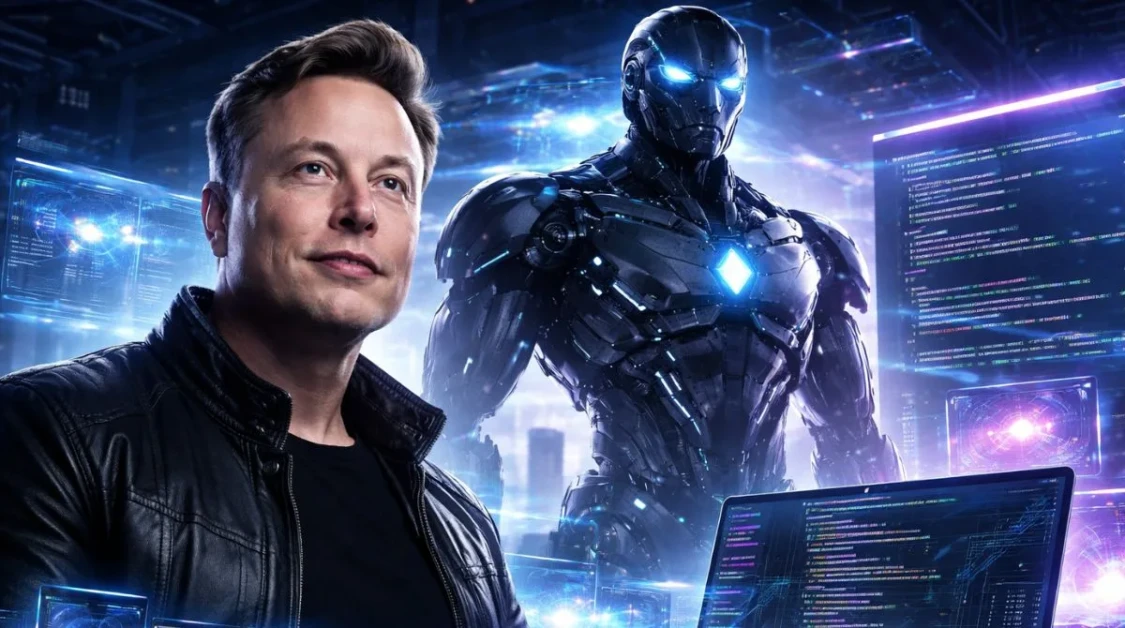 Elon Musk standing beside a futuristic humanoid AI robot with holographic coding screens, representing the upcoming Grok Code upgrade