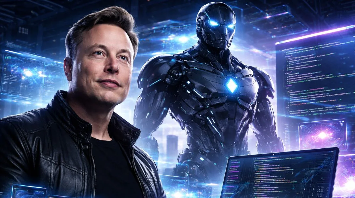 Elon Musk standing beside a futuristic humanoid AI robot with holographic coding screens, representing the upcoming Grok Code upgrade
