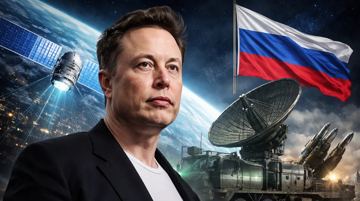 Elon Musk with SpaceX Starlink satellites orbiting Earth and military communication equipment in the background