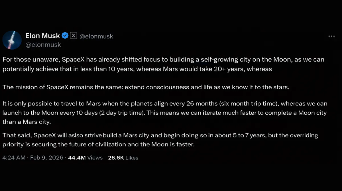 Screenshot of Elon Musk’s February 2026 post stating SpaceX has shifted focus to building a self-growing city on the Moon before Mars