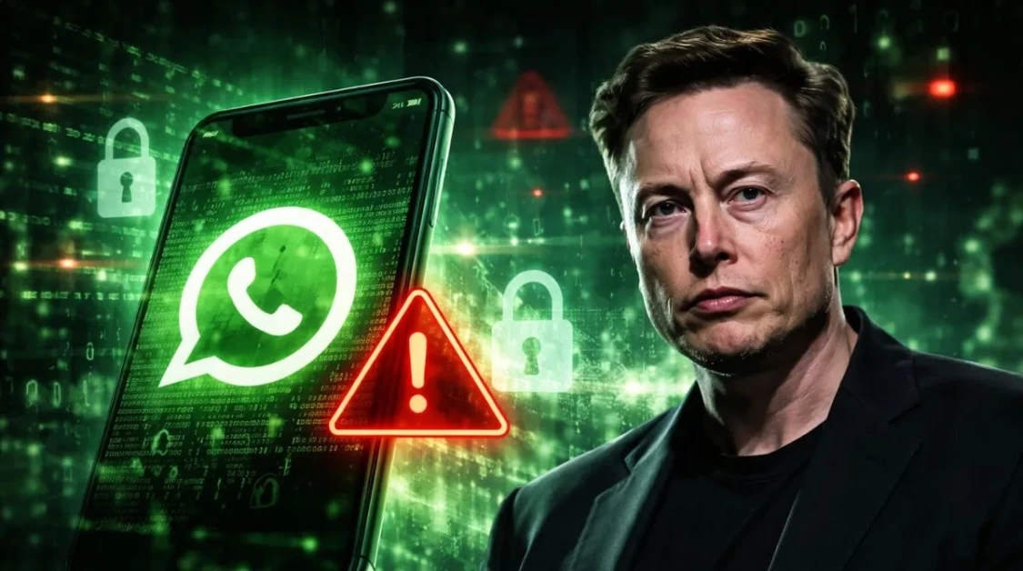 Elon Musk with a smartphone showing WhatsApp icon, highlighting concerns around messaging security and encryption risks
