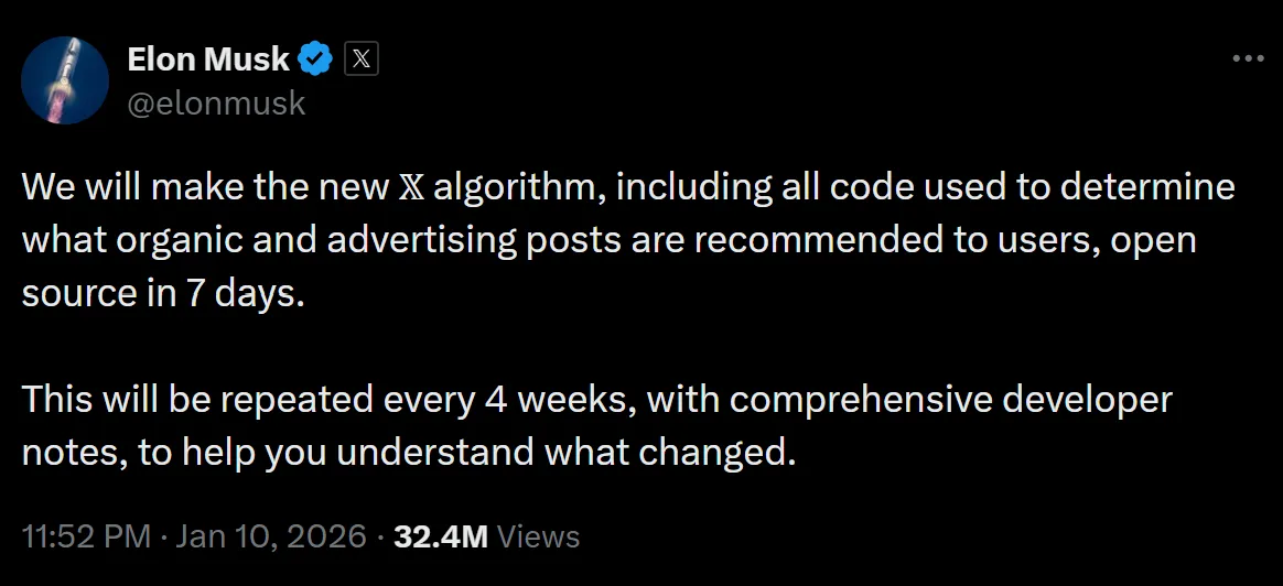Screenshot of Elon Musk announcing that X will open-source its recommendation and advertising algorithm code within seven days, with updates every four weeks.