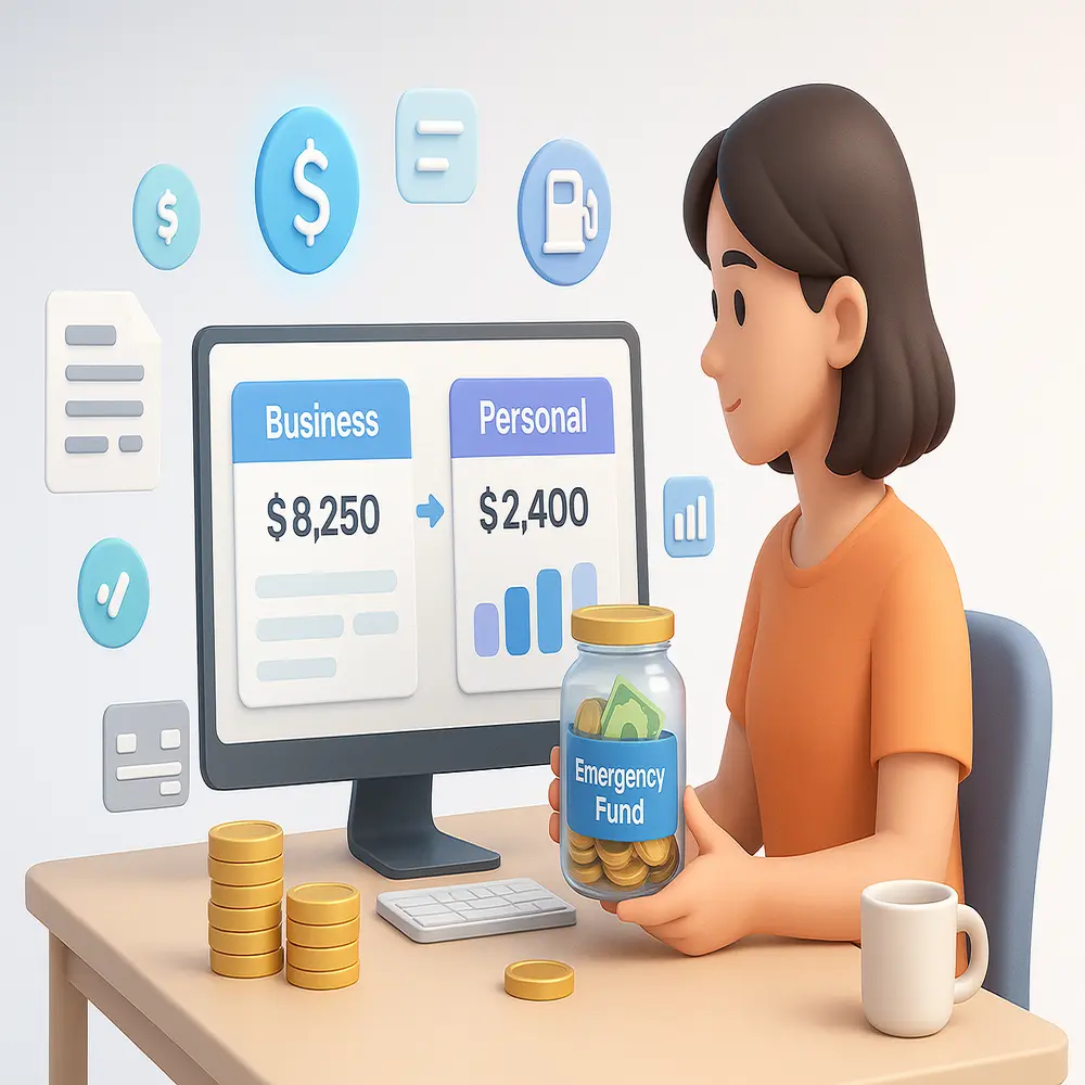 3D image of a man managing business and personal finances on a computer, with coins, charts, and a labeled emergency fund jar.