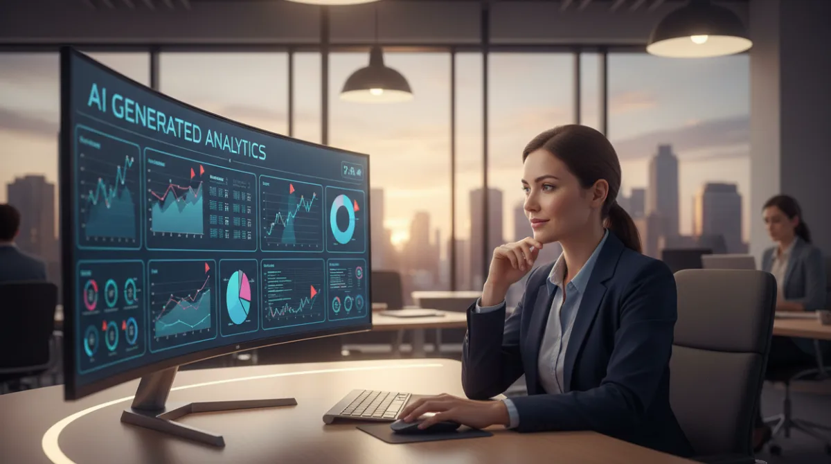 A professional office worker reviewing AI-generated analytics reports and flagged anomalies on a widescreen monitor in a modern corporate office.