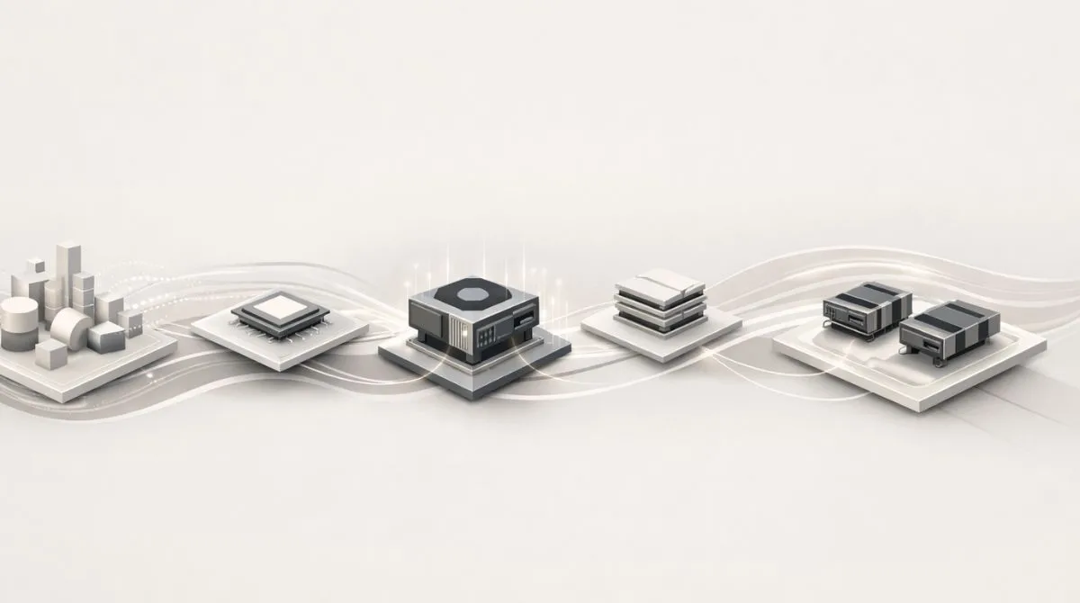 Editorial illustration of an end-to-end AI pipeline showing data ingestion, CPU preprocessing, GPU computation, memory access, and multi-GPU communication in a modern abstract layout