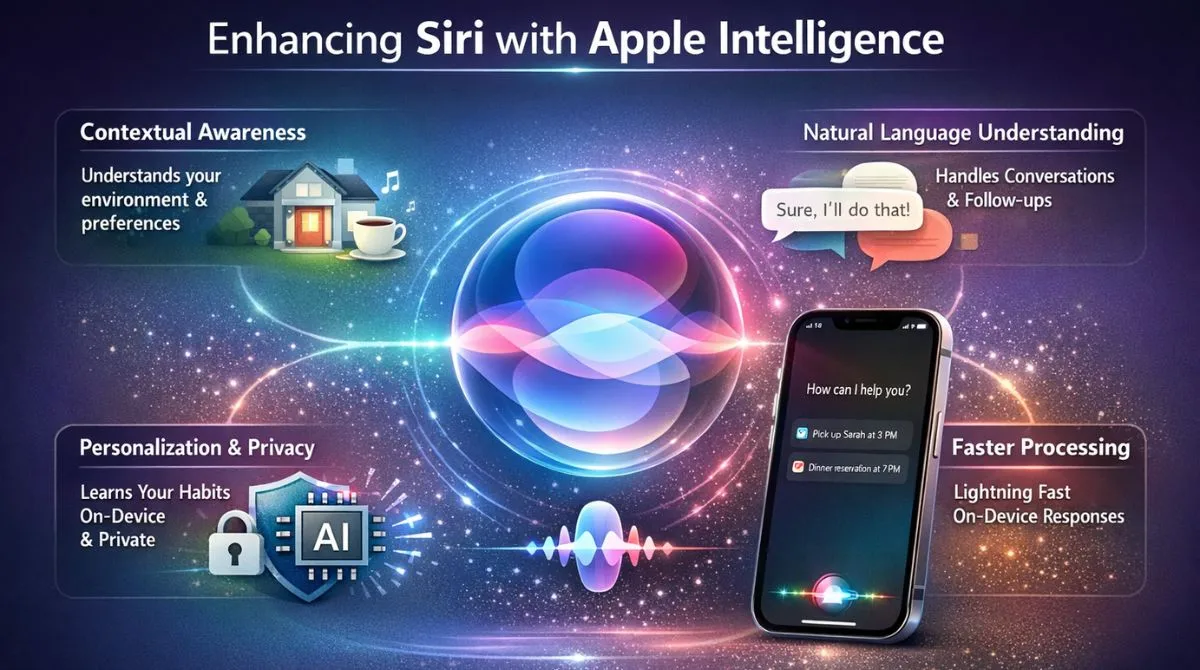Illustration showing Siri enhanced with Apple Intelligence, highlighting contextual awareness, natural language understanding, on-device personalization, and faster AI processing.