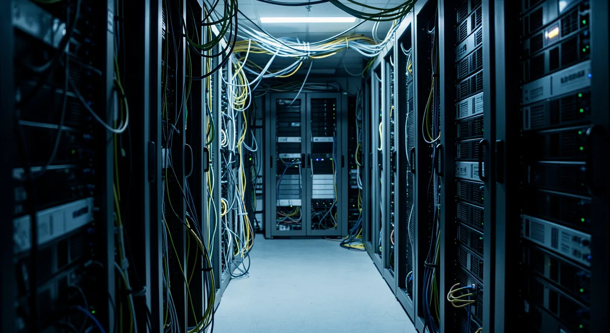 A modern enterprise data center with rows of server racks, network cables, and active hardware used for cloud computing and AI infrastructure