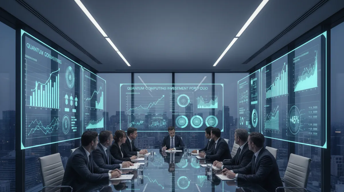 Business executives in a modern boardroom reviewing quantum computing investment charts and growth roadmaps on large digital screens