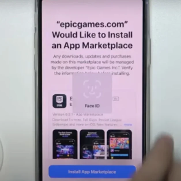 Installing Epic Games app marketplace on iPhone with Face ID verification."