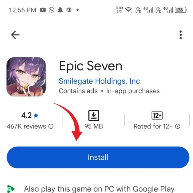 Install button highlighted on Epic Seven Play Store page 