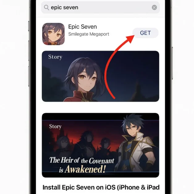 Epic Seven game shown in iOS App Store with GET button highlighted