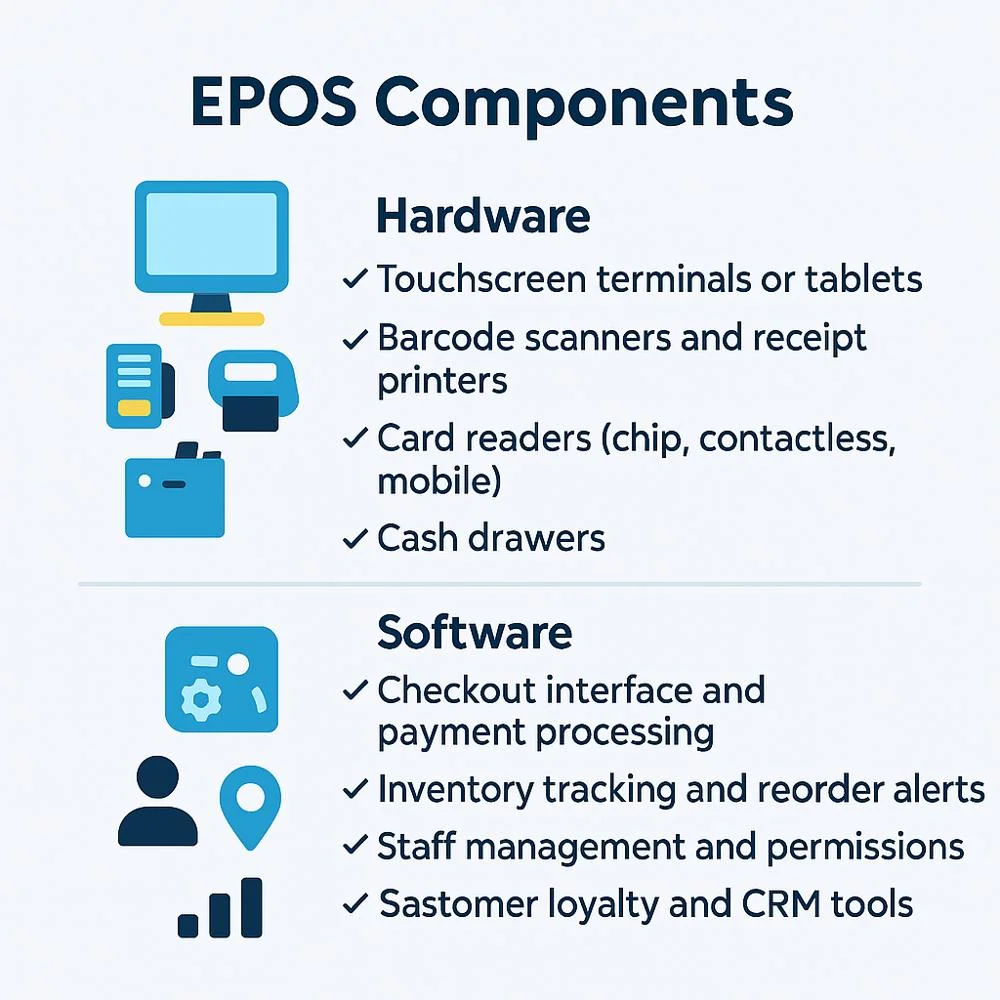 Infographic showing EPOS hardware and software components with icons.