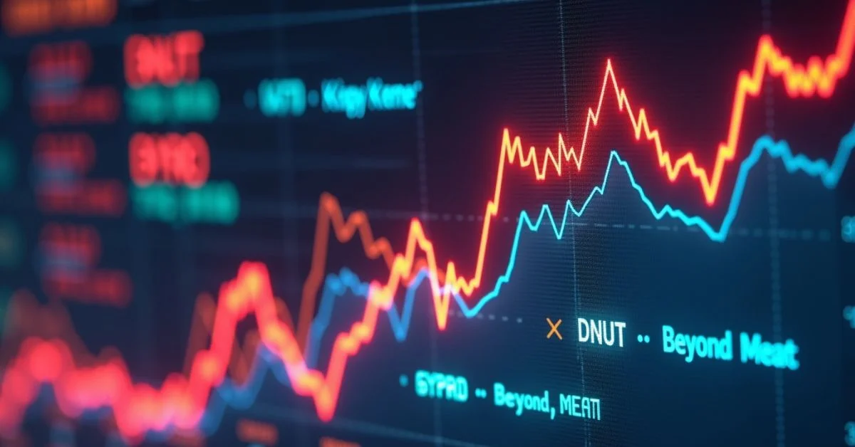 Stock trading chart showing Krispy Kreme, GoPro, and Beyond Meat trending upward amid meme stock frenzy.