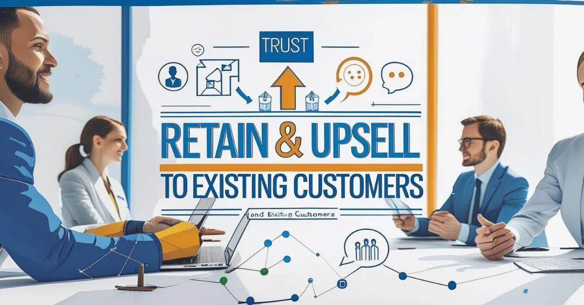 Team meeting with "Retain & Upsell to Existing Customers" banner.