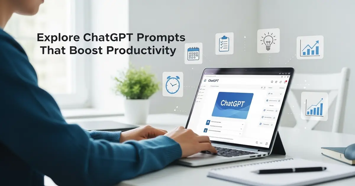 Person using ChatGPT on a laptop with floating icons for productivity tools.