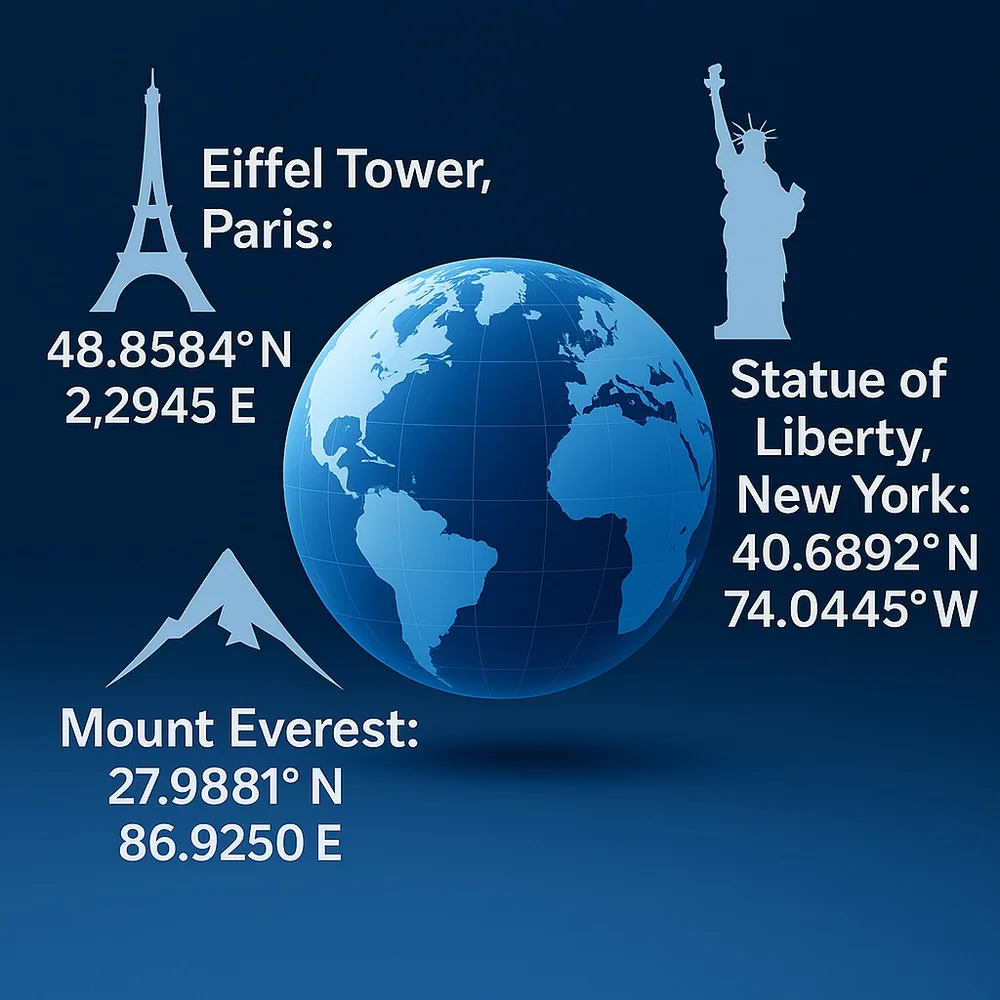Coordinates of Eiffel Tower, Statue of Liberty, and Mount Everest.