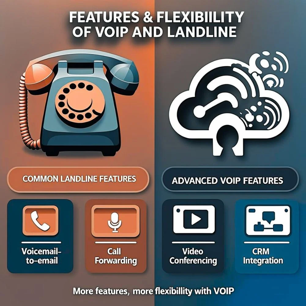 Infographic comparing landline and VoIP features side by side with icons and labels. 