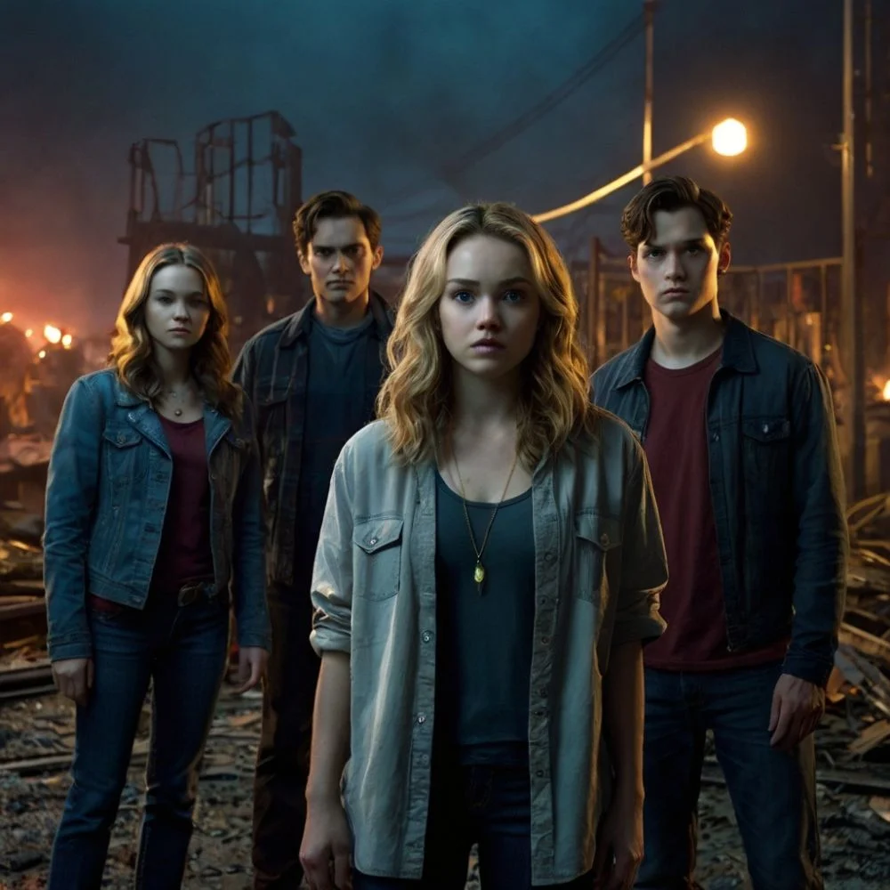 Main characters stand near a deadly accident scene in a dark, tense moment from Final Destination: Bloodlines (2025).