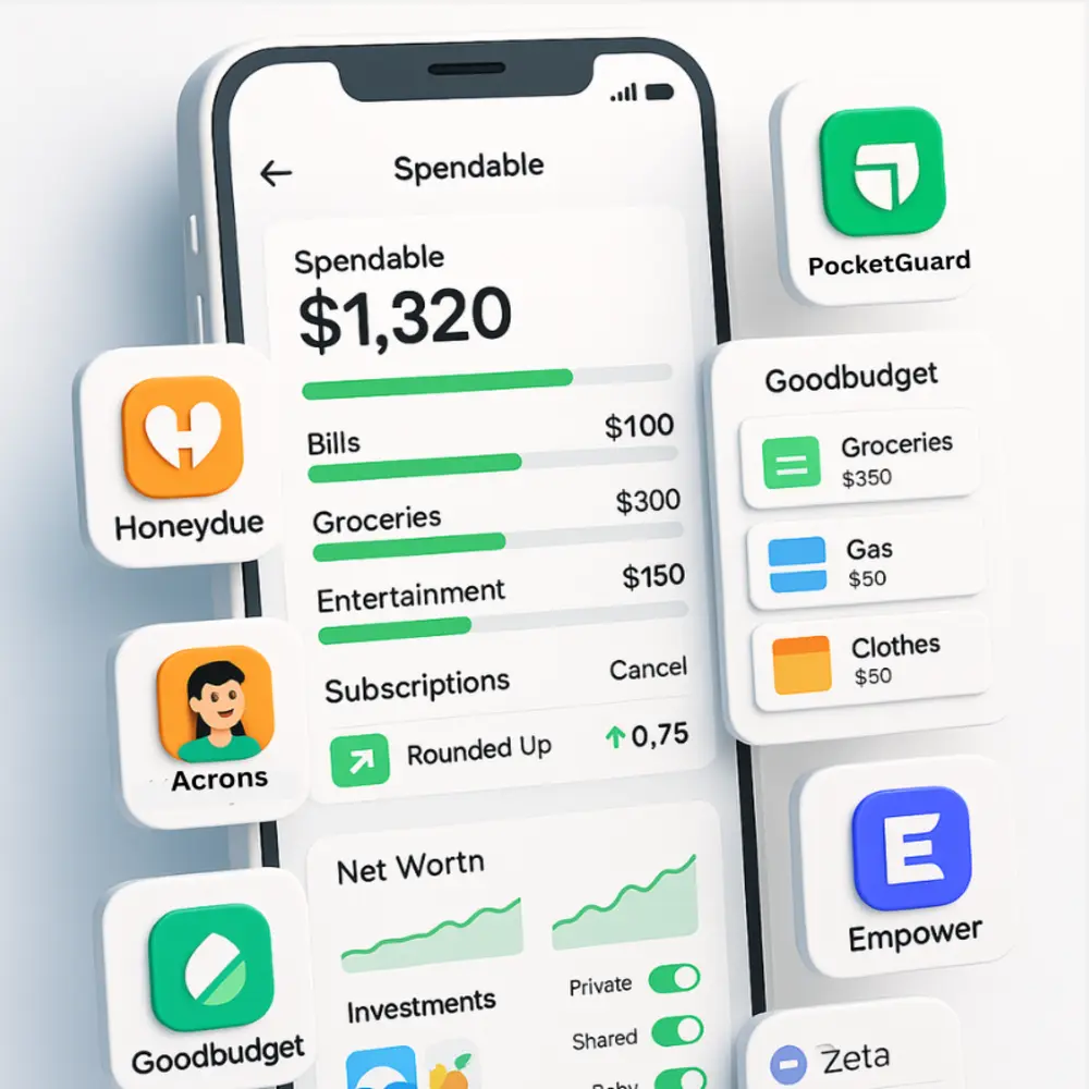 3D phone showing finance apps with budgeting and savings features. 