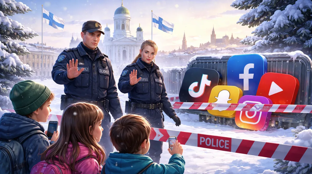 Illustration of children blocked from using social media in a snowy Finnish city as authorities consider restrictions