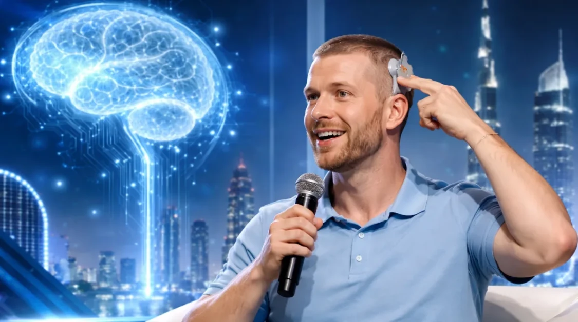 First Neuralink patient presenting at a technology summit in Dubai, demonstrating a brain chip implant with futuristic digital brain visuals and Dubai skyline in the background
