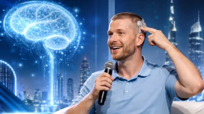 First Neuralink patient presenting at a technology summit in Dubai, demonstrating a brain chip implant with futuristic digital brain visuals and Dubai skyline in the background