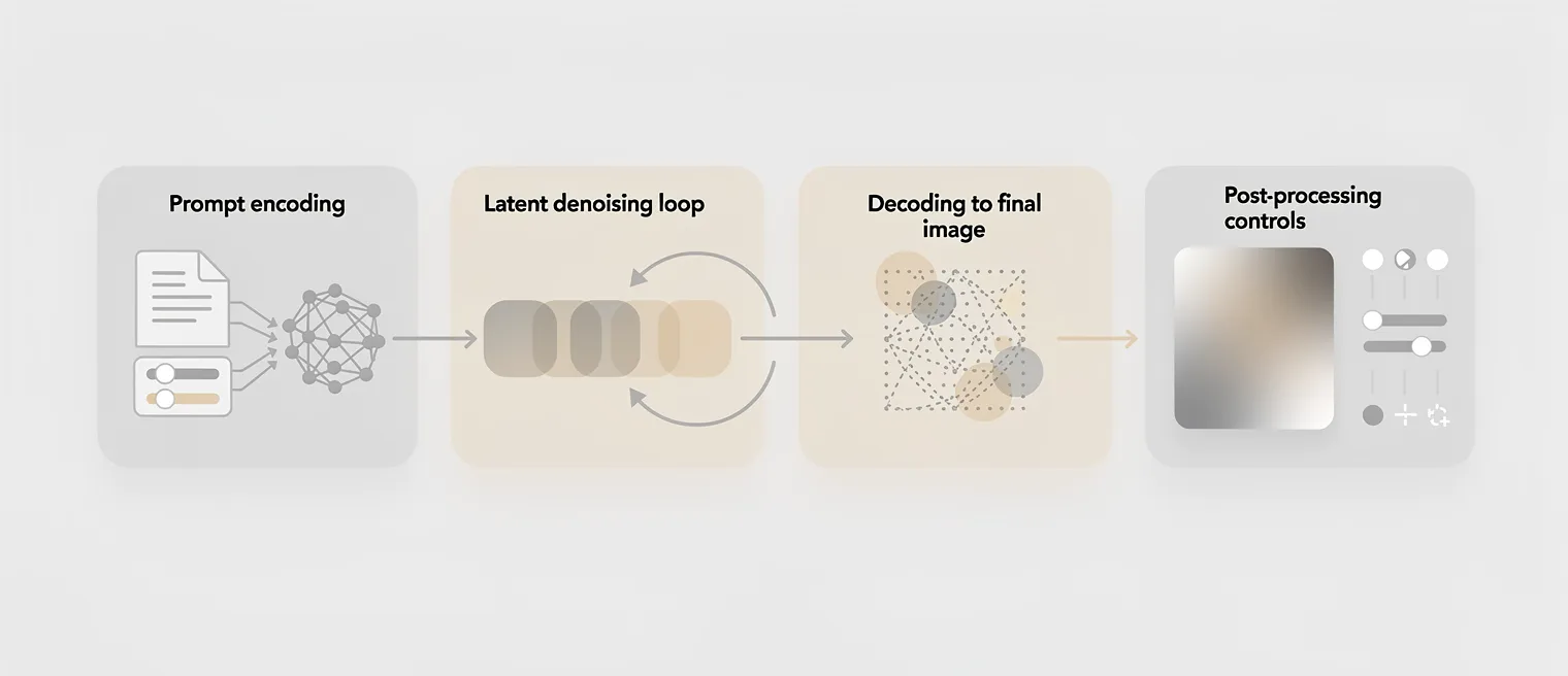 Diagram-style visual of a text prompt turning into an image through latent diffusion steps, denoising, decoding, and final quality controls.