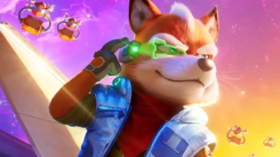 Fox McCloud wearing a glowing green visor in a vibrant space setting with futuristic ships and colorful galaxy background