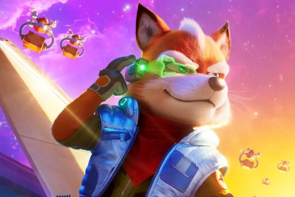 Fox McCloud wearing a glowing green visor in a vibrant space setting with futuristic ships and colorful galaxy background