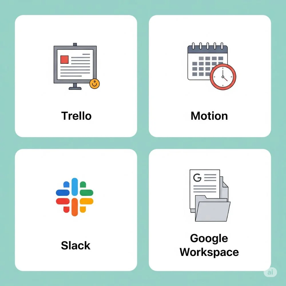  Icons of Trello, Motion, Slack, and Google Workspace representing free productivity tools for organizing business tasks.