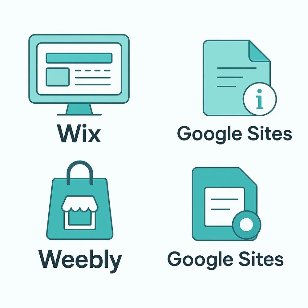 Icons of Wix, Weebly, and Google Sites on a teal background representing free website builders.