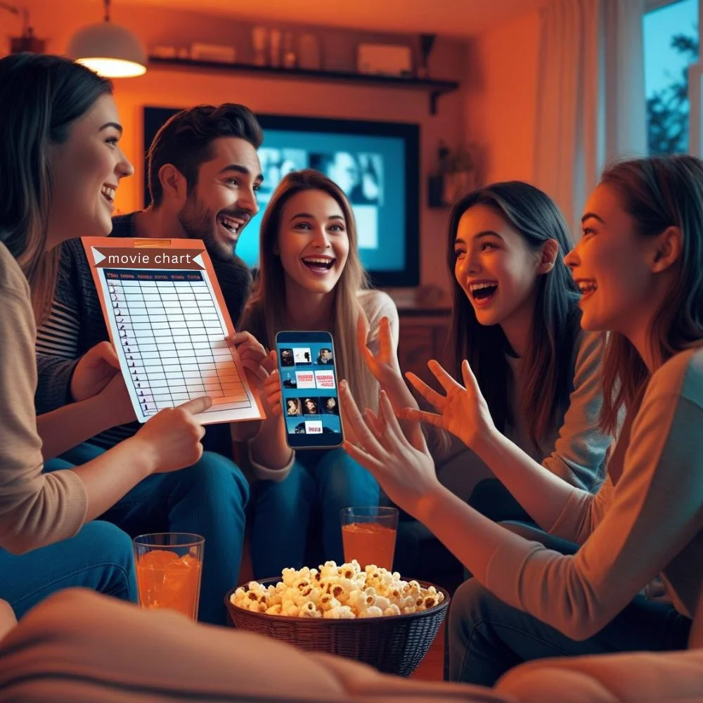 Group of friends discussing and choosing a movie together in a cozy living room setting.