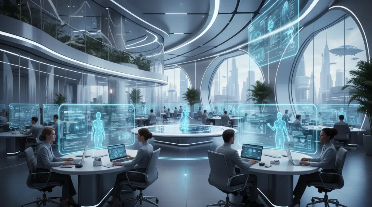 A futuristic office environment with AI-integrated workstations where employees collaborate with AI copilots on large screens, representing the optimistic evolution of office work.