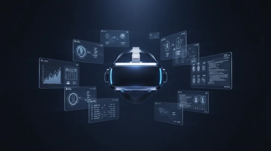 Futuristic mixed reality headset surrounded by holographic panels showing gaming, social avatars, and productivity apps representing Sony, Meta, and Apple strategies
