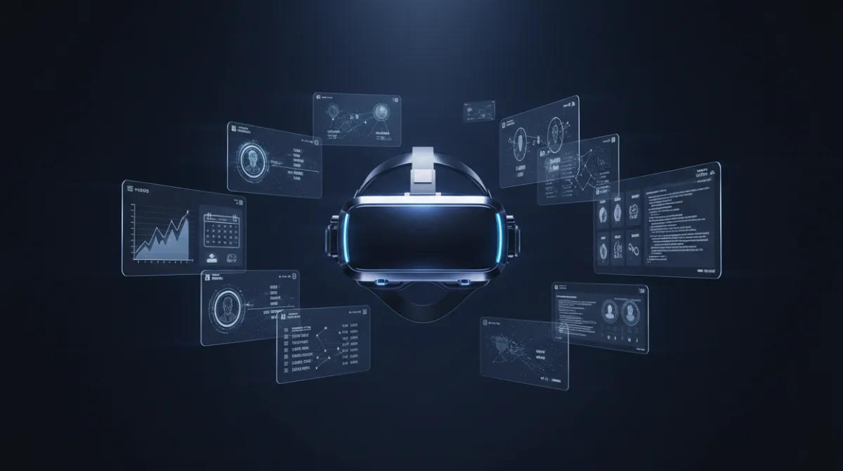 Futuristic mixed reality headset surrounded by holographic panels showing gaming, social avatars, and productivity apps representing Sony, Meta, and Apple strategies