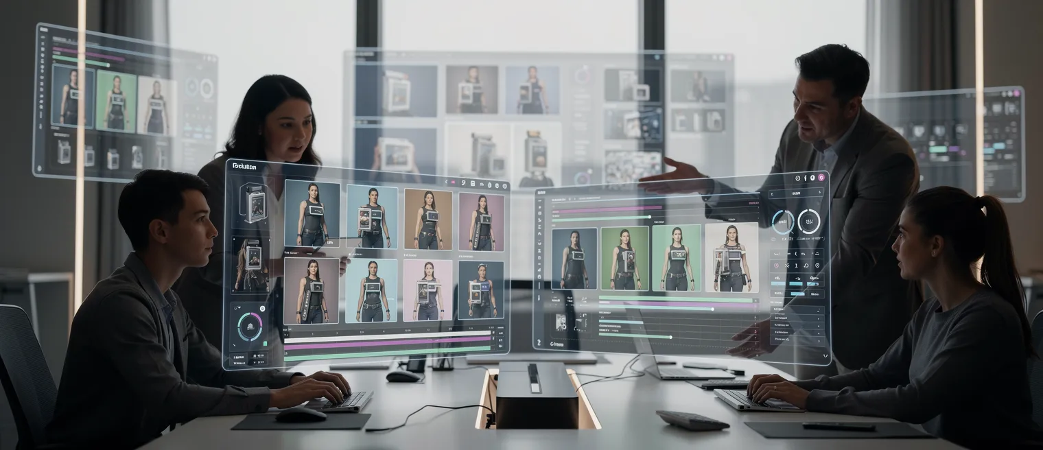Forward-looking editorial visual of a collaborative AI-assisted creative pipeline with advanced editing, consistency controls, and governance-focused production flow.