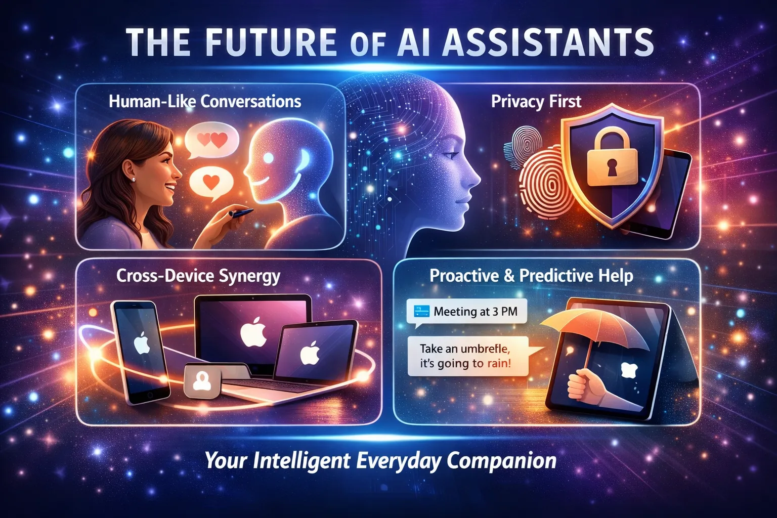 Illustration showing the future of AI assistants with human-like conversations, privacy-first intelligence, cross-device synergy, and proactive AI support