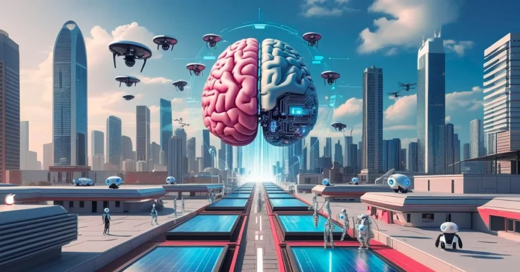 Futuristic city with AI robots, drones, and a digital brain symbolizing future technology