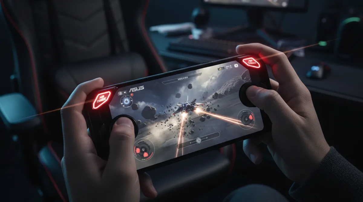 Hands holding gaming phone in landscape mode showing air trigger buttons during mobile gaming session