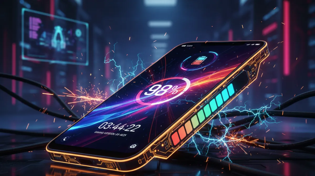 Gaming smartphone showing battery percentage and extended gaming session timer highlighting long battery life