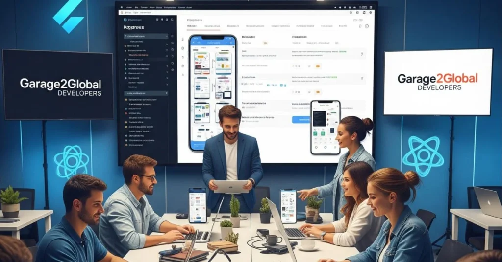 Team of developers building cross-platform mobile apps using Garage2Global Developers' agile approach in a modern tech workspace.