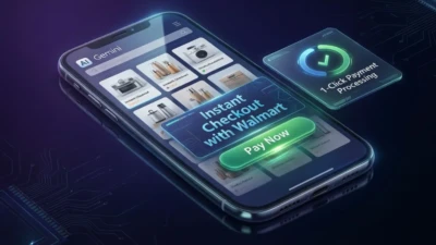 Smartphone showing Google Gemini AI shopping interface with “Instant Checkout with Walmart” and a 1-click payment processing badge.