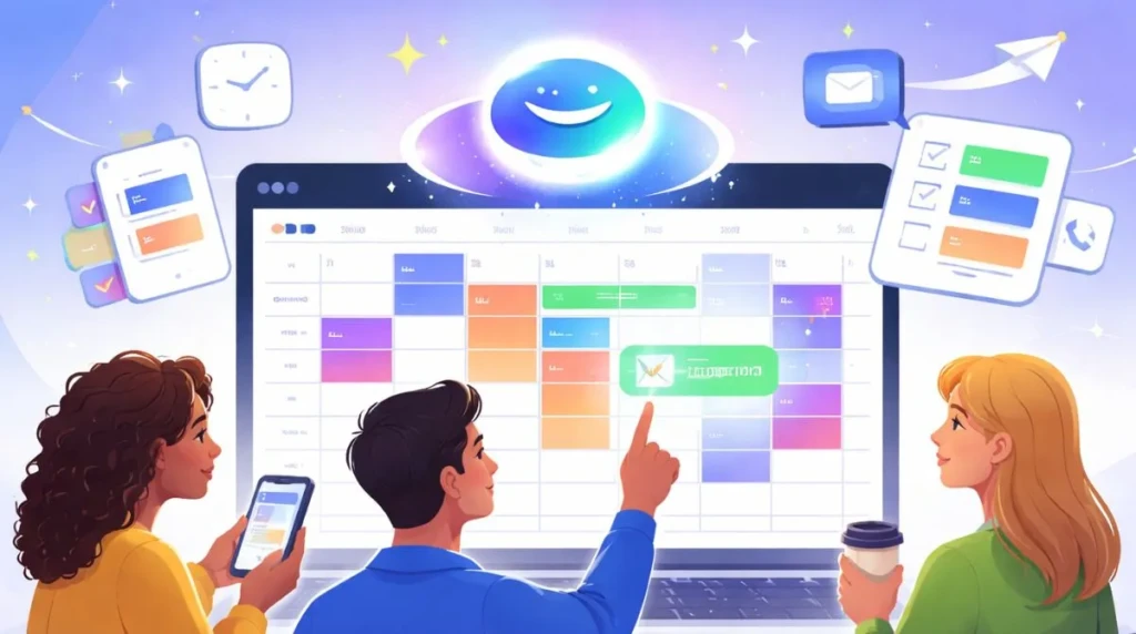 Illustration showing Gemini AI suggesting optimal meeting times inside a Google Calendar schedule on a desktop screen