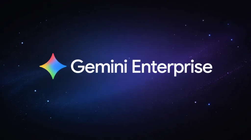 Gemini Enterprise banner with colorful star icon on dark blue gradient background with subtle light particles