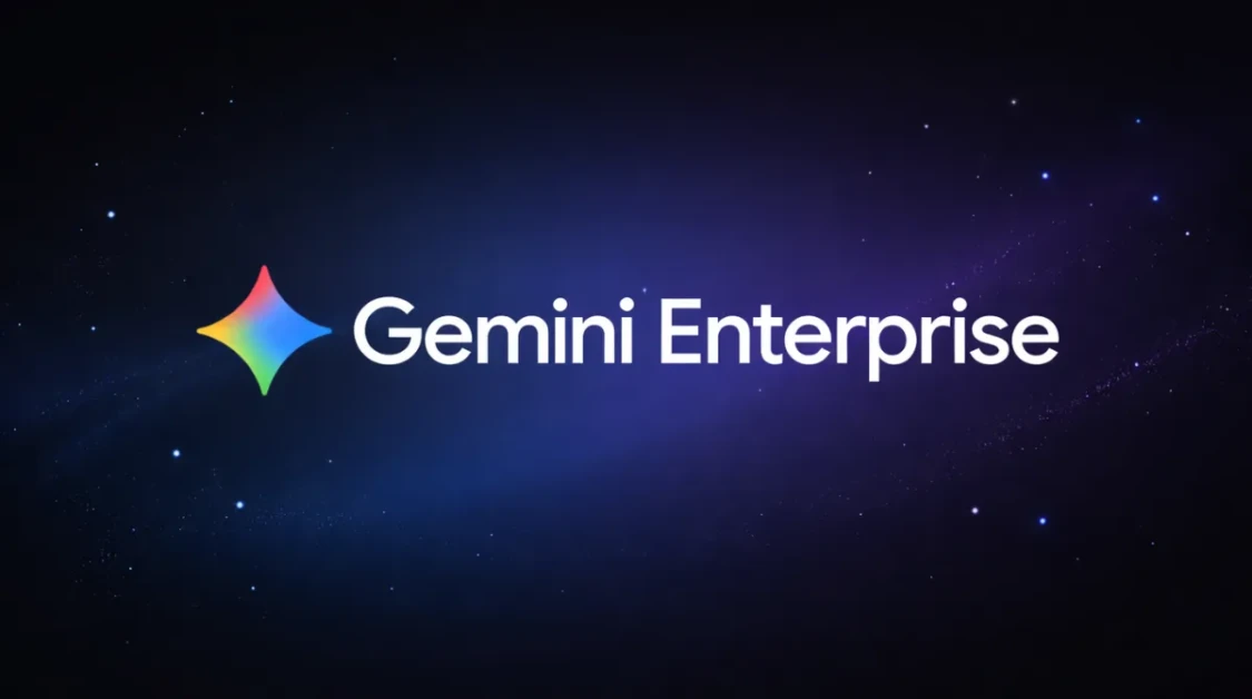 Gemini Enterprise banner with colorful star icon on dark blue gradient background with subtle light particles