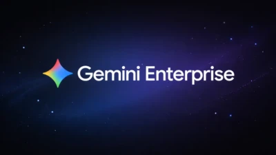 Gemini Enterprise banner with colorful star icon on dark blue gradient background with subtle light particles