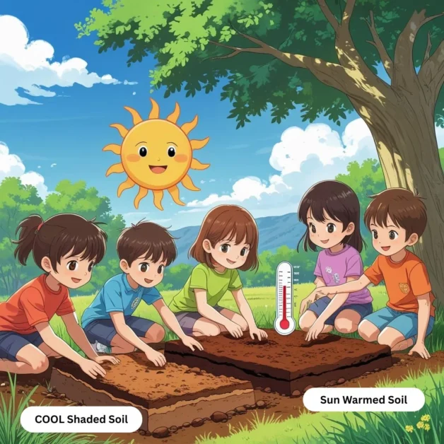  Anime-style children exploring sun-warmed and cool shaded soil to learn about geothermal energy.