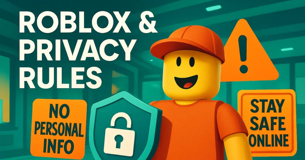 Roblox character with privacy shield and safety warning signs.